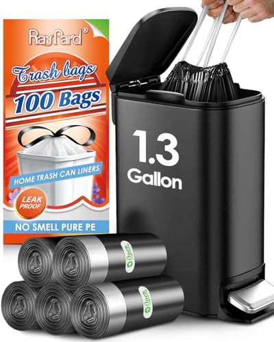 1.3 Gallon 100 Counts Strong Drawstring Trash Bags Garbage Bags by RayPard, 1, 1.2, 1.3 Gal Small Plastic Bags, Trash Can Liners for Home Office Kitchen Bathroom Bedroom, Waste Basket Liners (Black) - style: 100-1.3 Gallon-Black
