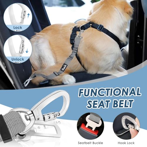 SlowTon Dog Seatbelt, 2 Pack Dog Seat Belt Car Leash Adjustable Elastic Bungee Buffer Heavy Duty Nylon Reflective Pet Safety Tether Connect to Dog Harness for Travel Riding in Vehicle (Daul Clip, GY) - color: Grey