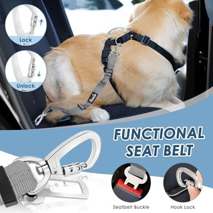 SlowTon Dog Seatbelt, 2 Pack Dog Seat Belt Car Leash Adjustable Elastic Bungee Buffer Heavy Duty Nylon Reflective Pet Safety Tether Connect to Dog Harness for Travel Riding in Vehicle (Daul Clip, GY) - color: Grey