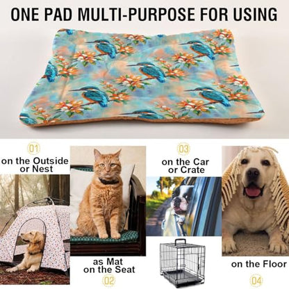 Kingfisher Pattern Pet Bed Mat for Dogs and Cats, Soft Washable Crate Pad with Non-Slip Bottom, Cozy Bed Cushion for Small Medium Large Pets, 18x24 Inch - size: Small
