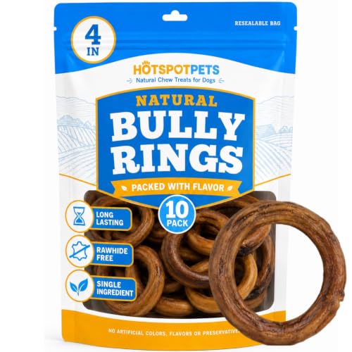 hotspot pets Bully Stick Rings for Dogs (10 Pack) 4 Inch Circles- Premium All Natural Long Lasting Twisted Beef Pizzle Dog Chew Treats - Grain Free, Fully Digestible, Rawhide Alternative Thick Chews