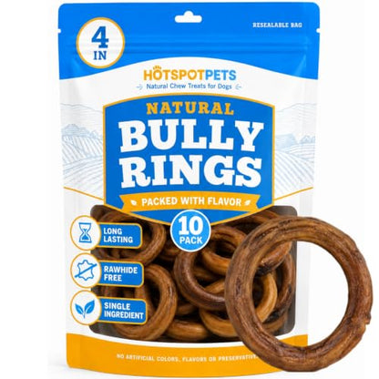 hotspot pets Bully Stick Rings for Dogs (10 Pack) 4 Inch Circles- Premium All Natural Long Lasting Twisted Beef Pizzle Dog Chew Treats - Grain Free, Fully Digestible, Rawhide Alternative Thick Chews