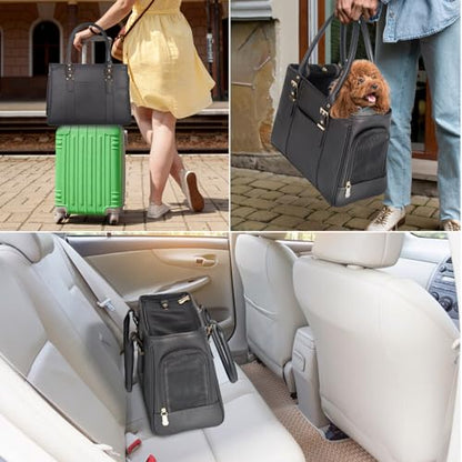 Fashion Pet Carrier Dog Purse Cat Bag Soft-Sided Carriers Travel Airline Approved, Stylish Leather Tote Handbag for Small Animal Puppy Kitten (Black) - color: Black