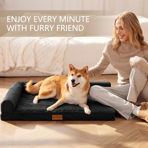 Patas Lague Orthopedic Dog Bed Medium Size Dog 30''X20'', Waterproof L Bolster Medium Pet Sofa Beds with Removable Washable Cover, Soft Pet Couch Crate Mat with Nonskid Bottom, Black - color: Black, size: 30"L x 20"W x 3.5"Th