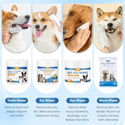 Pjordo Dog Wipes Cleaning Deodorizing, Grooming Wipes & Paw Cleaner, Pet Cleaning Kit for Teeth, Ears, Eyes, Paw, Body, Ear Rinse, Essential Dog Supplies Set