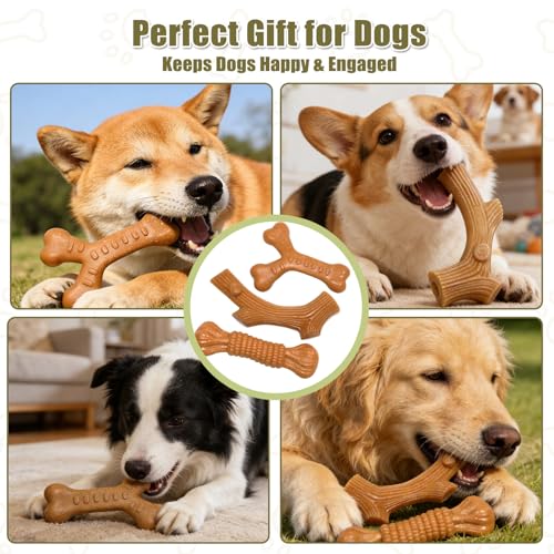 SCHITEC Dog Toys for Aggressive Chewers, 3 Pack Nylon & Wood Dog Chew Toy, Tough Chew Bone for Large Dogs 90-120lbs, Indestructible Teething Dog Toy, Chicken Flavor (Large) - style: Large