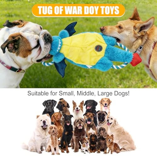 Interactive Squeaky Dog Chew Toy, Tough Plush Dog Toys for Chewers, Small, Medium & Large Dogs, Plush with Double Rope Handles for Tug of War, Mess-Free, Blue - color: Blue