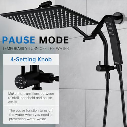 G-Promise All Metal 14 Inch Rain Shower Head with Power Wash Mode Handheld Spray Combo, Pause Setting 3-way Diverter, Full Body Coverage Waterfall Showerhead, Luxury Bathroom Upgrade (Matte Black) - color: Matte Black, size: 14 Inches