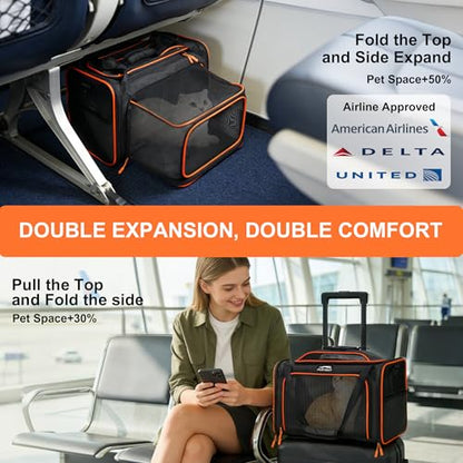 Cat Carrier Soft Expandable Pet Carrier Top & Sides Expandable Airline Approved 360° Ventilation Soft-Sided Cat Carriers Pet Travel Bag with Breathable Mesh Built-in Safety Leash & Reversible Cushion - color: Black