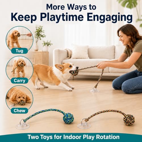 Interactive Dog Toys for Small and Medium Dogs, 2 Pack Suction Cup Tug of War Dog Toy, Puppy Teething & Enrichment Toys for Boredom, Durable Cotton Rope