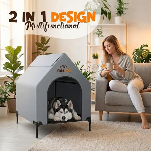 Outdoor Dog House with Roof Canopy Elevated Bed with Mesh Windows 41X24X17cm/5.7kg - Weatherproof Dog Shelter for Medium Breeds - Ideal Dog House Outdoor (Grey, Large)