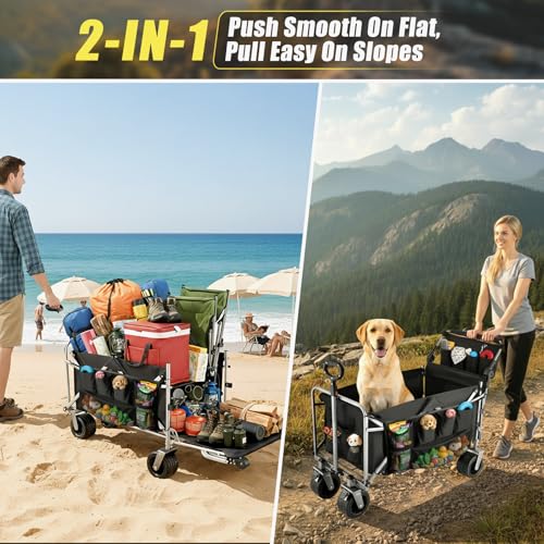 Dog Wagon for Large Dogs Up to 400 lbs, Foldable Dog Stroller for Medium to Large Dogs with Tailgate, Pet Carts with Wheels for Walking, Beach, Garden, Camping, Sport, Black L