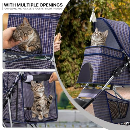 MoNiBloom 3 Wheels Pet Dog Cat Stroller for Small Medium Dogs Cats, Lightweight Foldable Jogger Stroller w/Storage Basket and Cup Holder, Plaid - color: Plaid