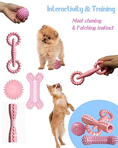 4 Pack Puppy Teething Toys Dog Durable Chew Toys Soft Rubber Toy Dog Teeth Cleaning Toothbrush Toy Cute Interactive Toys for Puppies Small Breed (Pink) - color: Pink