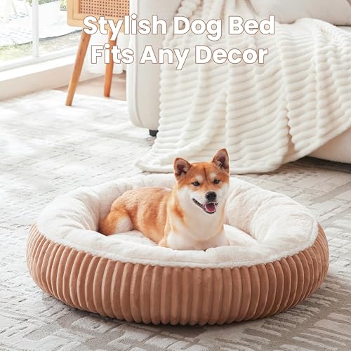33 inches Donut Dog Bed for Medium Large Dogs,Calming Round Pet Bed with Removable Cover,Washable Milk Plush Faux Fur, Fits up to 50 lbs Pets(Mocha,M Plus) - color: Mocha, size: 33.0"L x 33.0"W x 8.0"Th