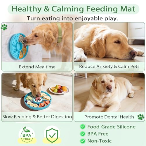 Slow Feeder Dog Bowl Silicone Suction Cup Anti Spill Dogs Cats Blue | strong suction base prevents sliding, extends mealtime, reduces anxiety, textured surface, dishwasher safe - color: Blue