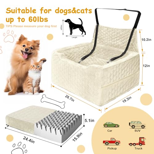 Dog Car Seat for Medium/Large Dog Booster Seat Under 60 lbs or 2 Small Dogs, Multi-Functional Pet Car Seat with Thick Cushion, 2 Safety Leashes (White) - color: White