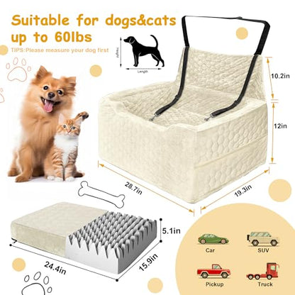 Dog Car Seat for Medium/Large Dog Booster Seat Under 60 lbs or 2 Small Dogs, Multi-Functional Pet Car Seat with Thick Cushion, 2 Safety Leashes (White) - color: White