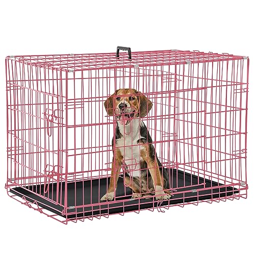 Dog Crate, Folding Portable Outdoor Large Two Door Metal Cat Dog Cage with ABS Tray LC Panel Floor Protecting Feet Wire Animal Pet Dog Kennel with Divider - color: Pink, size: 30 inch