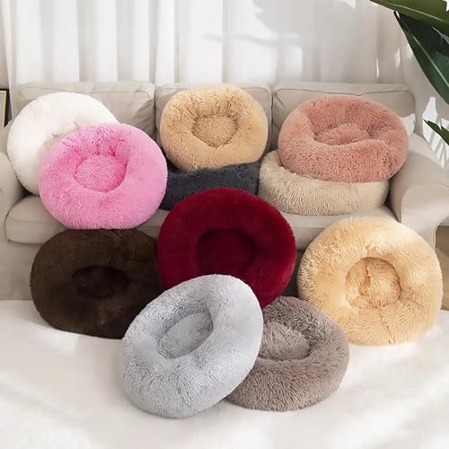 Calming Dog Bed for Small Dogs, Calming Donut Cuddler Pet Bed Anti Anxiety Round Dog Bed Fluffy Plush Faux Fur Cat Bed,Grey+White,15.7IN - color: Grey+white, size: 15.7IN
