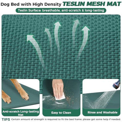 Windproof Elevated Dog Bed with Canopy & Stakes, 3-Sided 90% UV Block, Chew-Proof Teslin Mesh Mat for Large Dogs up to 150lbs(Green Large) - color: Green, size: Large