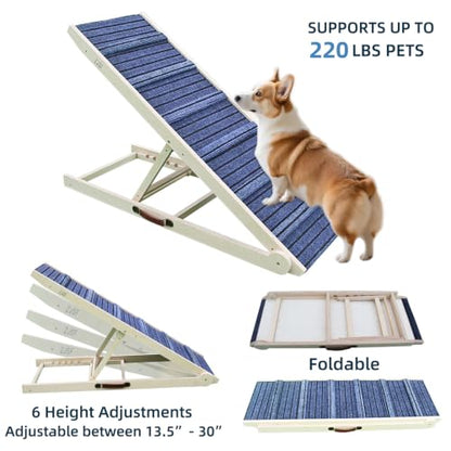 ZJSF Foldable Dog Ramp for High Bed, Wooden Dog Stairs to Bed for Small and Large Dogs, High Traction Platform with 6 Adjustable Heights (13.5"-30"), 48" L, Supports up to 230 lbs - size: 48"L X 17.4"W