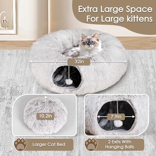 Cat Tunnel Bed for Indoor Cats, Peekaboo Cat Cave with Washable Soft Play Mat, Furry Cat Tube, for Kitten/Puppy/Rabbit, Brown - color: brown