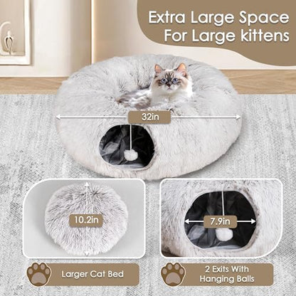 Cat Tunnel Bed for Indoor Cats, Peekaboo Cat Cave with Washable Soft Play Mat, Furry Cat Tube, for Kitten/Puppy/Rabbit, Brown - color: brown
