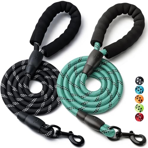 2 Pack Dog Leash, 4/5//6 FT Heavy Duty Nylon Rope Pet Leashes with Comfortable Padded Handle, Reflective Dog Leashes for Small Medium and Large Dogs (4FT-1/2,Black/Turquoise) - color: 2PCS-Black+Turquoise, size: 1/2"x 4 FT (18~120 lbs.)