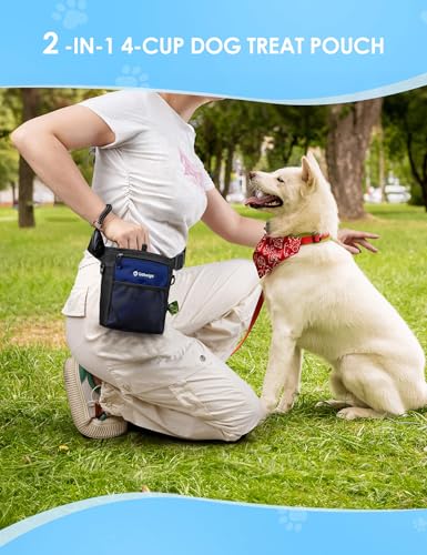 Gobeigo Dog Treat Pouch, Magnetic Closure & Sealable Silicone Bag Insert, 4-Cup Capacity – Belt Clip/Waist Belt/Crossbody Wear, Clicker Included – Great for Pet Training & Walking (Navy Blue) - color: Navy Blue