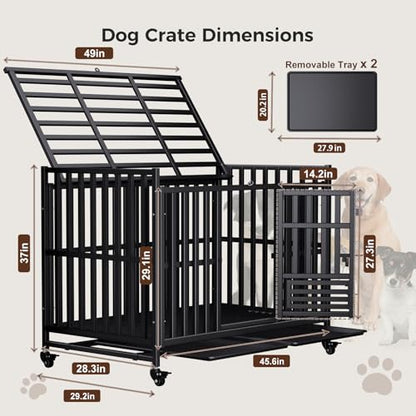 Heavy Duty Dog Crate, Escape-Proof Indestructible Cage for High-Anxiety Dogs, 3-Door Kennel with 4 Lockable Wheels and 2 Removable Trays Ideal for Large & Medium Breeds (49in) - size: 49.0"L x 29.2"W x 37.0"H