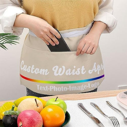 sophiehome Custom Waist Apron with Pockets Add Photo Logo Name Personalized Waiter Server Short Aprons for Kitchen - color: Natural