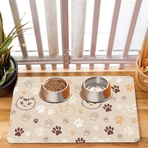 Pet Dog Cat Food Mat, Dog Bowl Mat for Food and Water 12 * 20 in, Khaki Paw | Absorbent Quick Dry Feeding Placemat with Non Slip Rubber Backing for Floors Indoor Puppy Pet Accessories Supplies - color: Khaki Paw, size: 20"L x 12"W