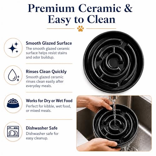 Slow Feeder Dog Bowls, Silicone Dog Bowl with Anti-Slip, Slow Feeder & Non-Slip Design, Boredom and Anxiety Reducer, Suitable for All Breed Dogs and Cat (Ceramic-Black) - color: Ceramic-Black