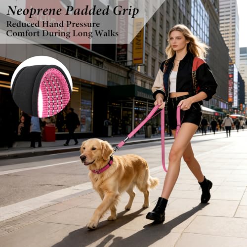 Double Handle Dog Leash 6 FT Reflective 2 Handle Traffic Lead with Padded Grip, Heavy Duty Nylon Leash for Walking Training, for Small Medium Large Dogs, Pink - color: Pink