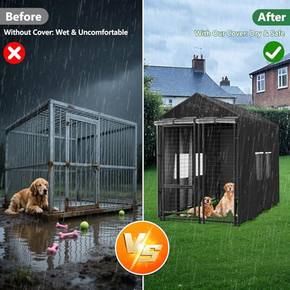 Outdoor Dog Kennel Cover 8'D x 4'W x 6'H Black Full Coverage with Transparent PVC Window and Breathable Mesh All-Weather Protection for Multiple Brands of Kennels Only Cover - size: 8'D x 4'W x 6'H