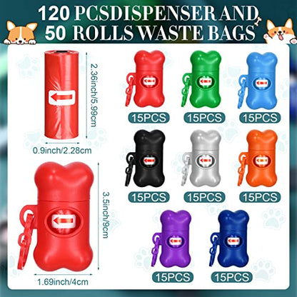 Zhehao 120 Pcs Bone Shaped Dog Poop Bag Dispensers with Disposal Small Dog Waste Bag Holder with Hook for Pet Puppy Walking Hiking Camping, 8 Colors
