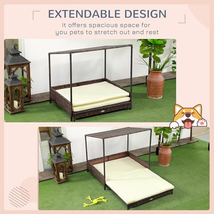 PawHut Wicker Dog House Outdoor with Canopy, Rattan Dog Bed with Removable Cushion, Raised Dog Bed, Cat Shelter, Patio Pet Sofa for Medium Sized Pet Mixed-Brown