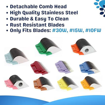 10Pcs Wide Guard Combs Dog Grooming (3mm 6mm 10mm 13mm 16mm 19mm 22mm 25mm 32mm and 38mm) | Wide Clipper Guard Attachment Set Fits for A5 Series Clipper| Wide Clipper Comb Set (WIDE COMB10SET) - color: 10Pcs Set(3mm to 38mm)