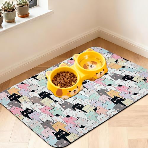 Pet Feeding Mat for Floors Waterproof Dog Mat for Food and Water Absorbent Quick Dry Non Slip mat for Cat Bowls - color: ColorfulCat, size: 24"L x 16"W