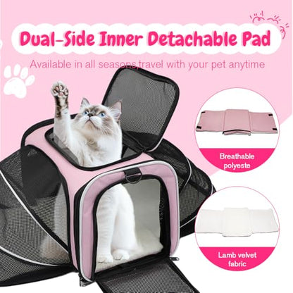Double Expandable Cat Carrier,Airline Approved Soft-Sided Pet Travel Carrier for Small Dogs Cats under 15 lbs,Waterproof 600D Oxford Fabric with Washable Replacement Liner,Odor-Free & Claw-Proof(Pink) - color: Pink