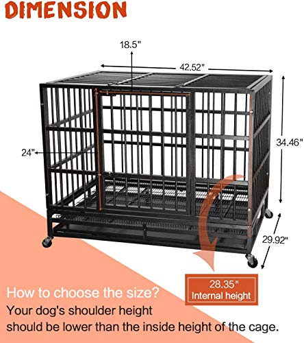 LEMBERI 42 Inch Heavy Duty Indestructible Dog Crate, High Capacity Escape Proof Double Door Kennel with Lockable Wheels, 35" Tall Medium Dog Cage with 0.8" Steel Tubes, Removable Tray, Black - color: Black, size: 42.5"L x 29.9"W x 34.5"H