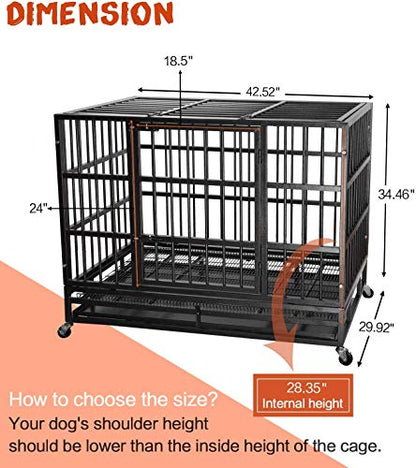 LEMBERI 42 Inch Heavy Duty Indestructible Dog Crate, High Capacity Escape Proof Double Door Kennel with Lockable Wheels, 35" Tall Medium Dog Cage with 0.8" Steel Tubes, Removable Tray, Black - color: Black, size: 42.5"L x 29.9"W x 34.5"H