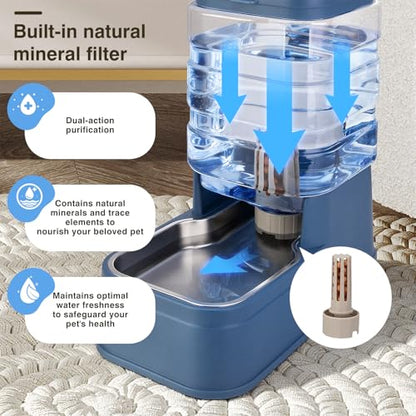 2 Pack Automatic Cat Feeder and Water Dispenser 1.3Gallon Dog Gravity Food Feeder and Water with Ice Pack Stainless Steel Dry Food and Waterer Bowl for Small Medium Large Pets (Blue) - color: Blue