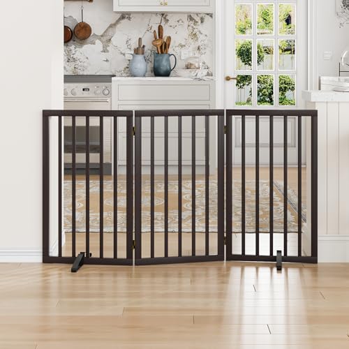 Dog Gate for Doorways 32" Tall Freestanding Dog Gate for Stair Foldable Pet Gate for Dogs Indoor (Brown,3 Panel) - color: Brown, size: 32inches Tall-3 Panels