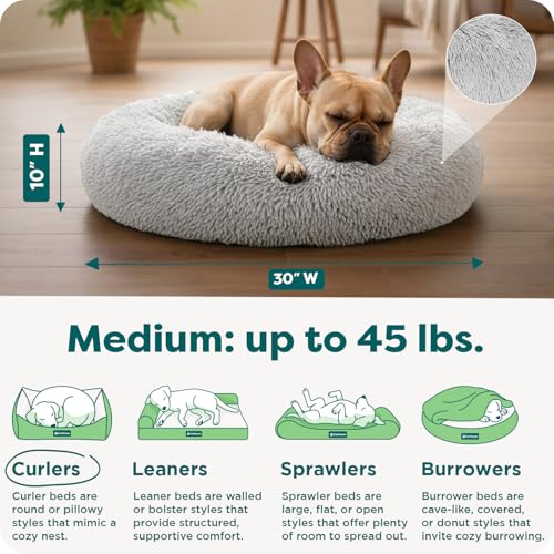 Furhaven 30" Round Calming Donut Dog Bed for Medium/Small Dogs, Refillable w/ Removable Washable Cover, Up to 45 lbs - Shaggy Plush Long Faux Fur Donut Bed -Mist Gray, Medium,30.0"L x 30.0"W x 10.0"Th - color: Mist Gray, size: Medium