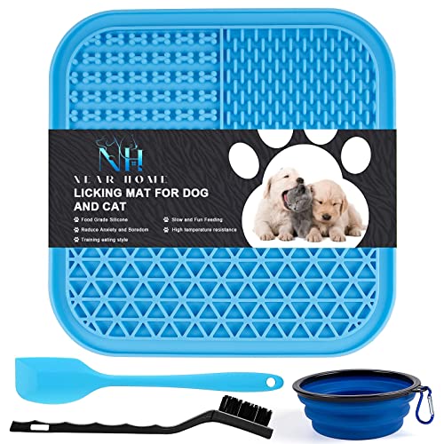 NearHome Lick mat for dog and cat with suction cup and silicone bowl-Extra spoon and brush,3 part for peanut butter,yogurts and different foods,Boredom and Anxiety Reducer,Perfect for Bathing Grooming