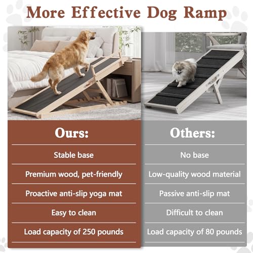 Dog Ramp for High Bed Couch, 55" Long Pet Steps for Any Sizes Dogs | 5 Heights 19.5"-27.4", Holds 250lbs, Foldable, 2 Safety Side Rails, For Older/Injured Pets, Solid Wood, Anti-slip Yoga Mat - size: 55"L x 18.3"W x 3"H