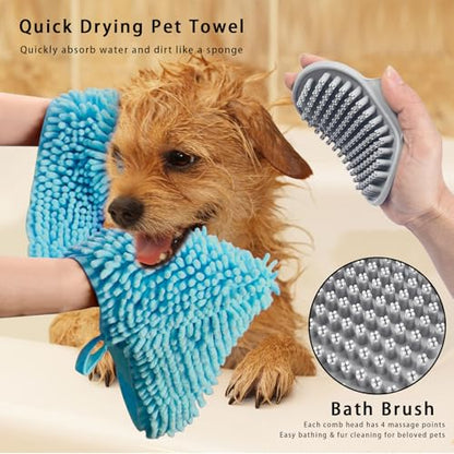 Premium Dog Drying Towel & Bath Brush Set – Super Absorbent Sherpa Microfiber Pet Towel for Fast Drying, Gentle Cleaning & Coat Care | Safe for Dogs & Cats