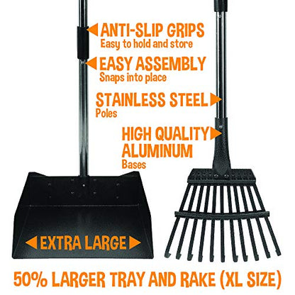 Bodhi Dog Pooper Scooper for Large Dogs - Heavy Duty Metal Poop Scoop w/Long Handle Tray & Rake - Dog Poop Scooper for Yard, Grass, Street, Gravel & Outdoor Areas - Pet Waste Cleanup Tool - size: Extra Large